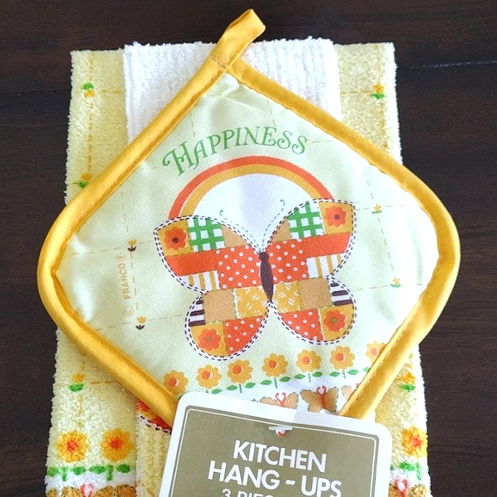 70s Butterfly Happiness kitchen towel dishcloth potholder, oven door towel